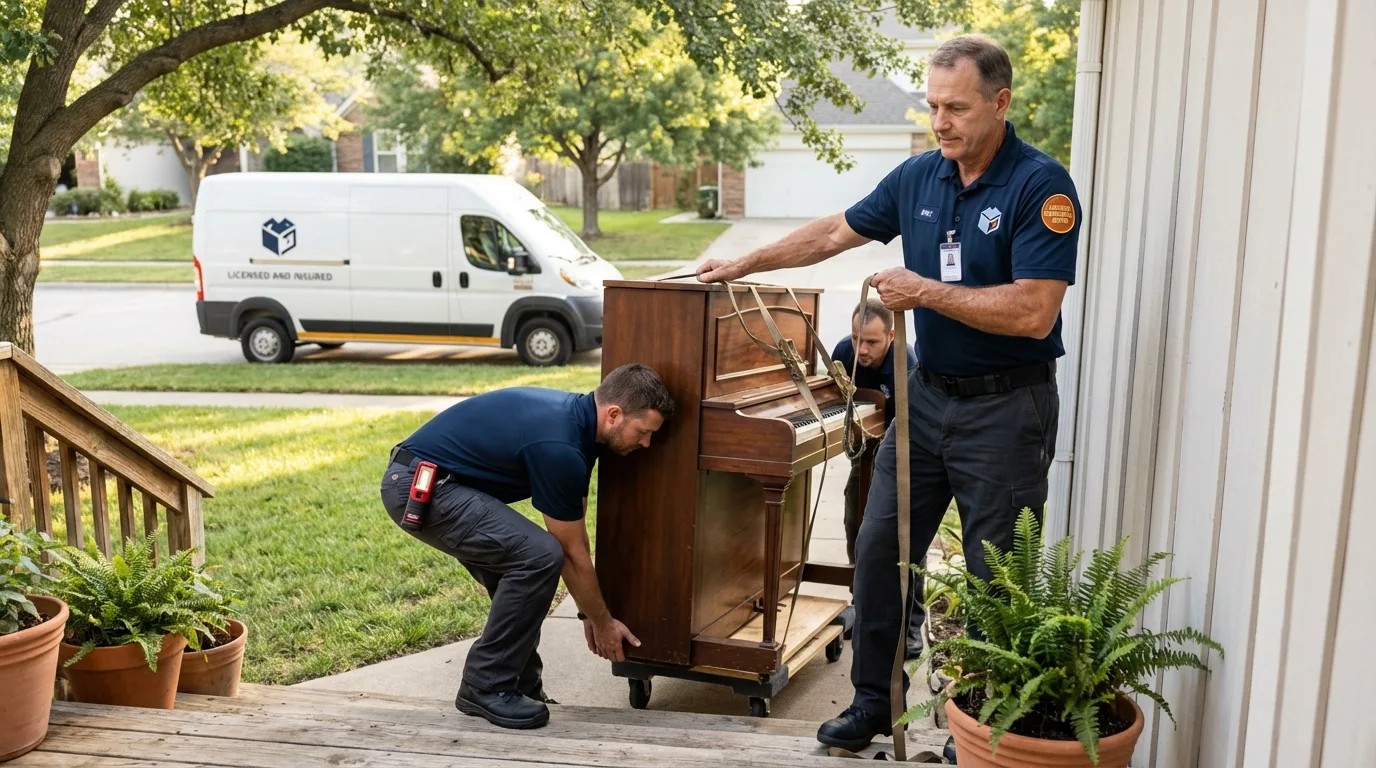 Licensed piano movers securing grand piano in Andover, NH
