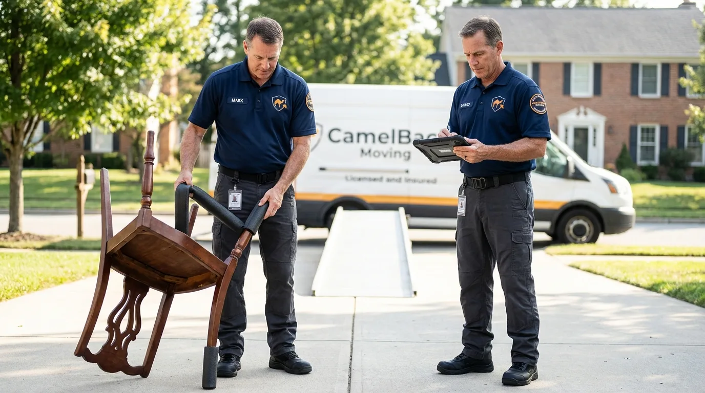 Movers inspecting furniture for damage prevention before loading in Andover, NH